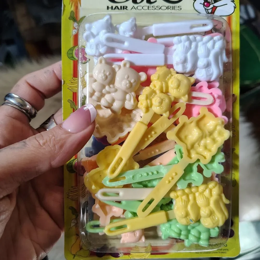 VTG 90s Bolo Hair Barrettes Colorful Plastic Animal-Shaped Lace Clip LOT